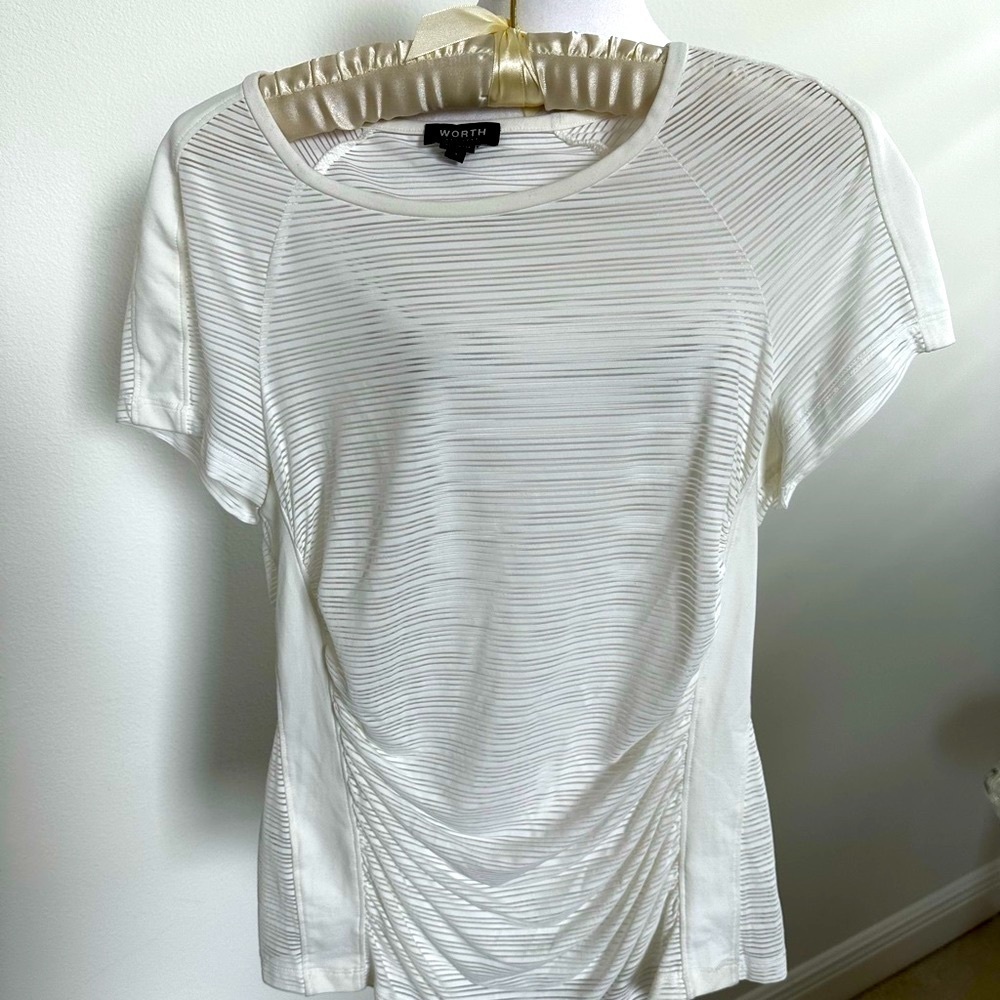 Worth New York. 2 piece short sleeve sheer white with horizontal line with slip